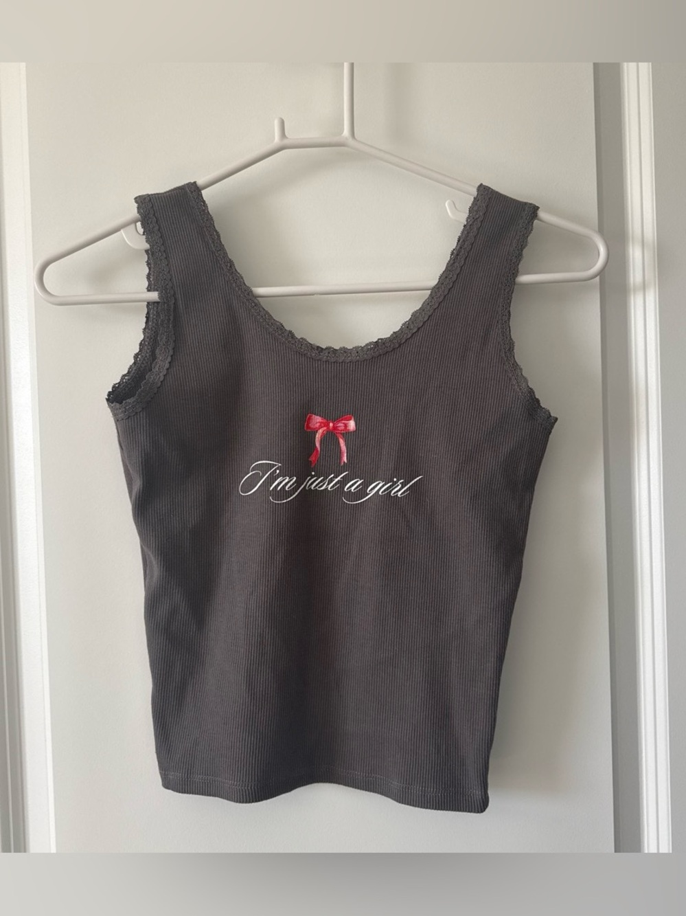 Charcoal Ribbed Tank with Red Bow Graphic